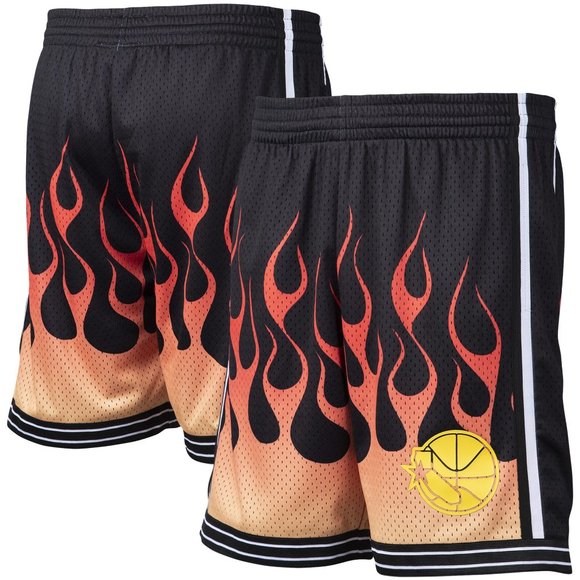 Men's Mitchell & Ness NBA Golden State Warriors Black 95 Flames Swingman Shorts - Picture 1 of 9
